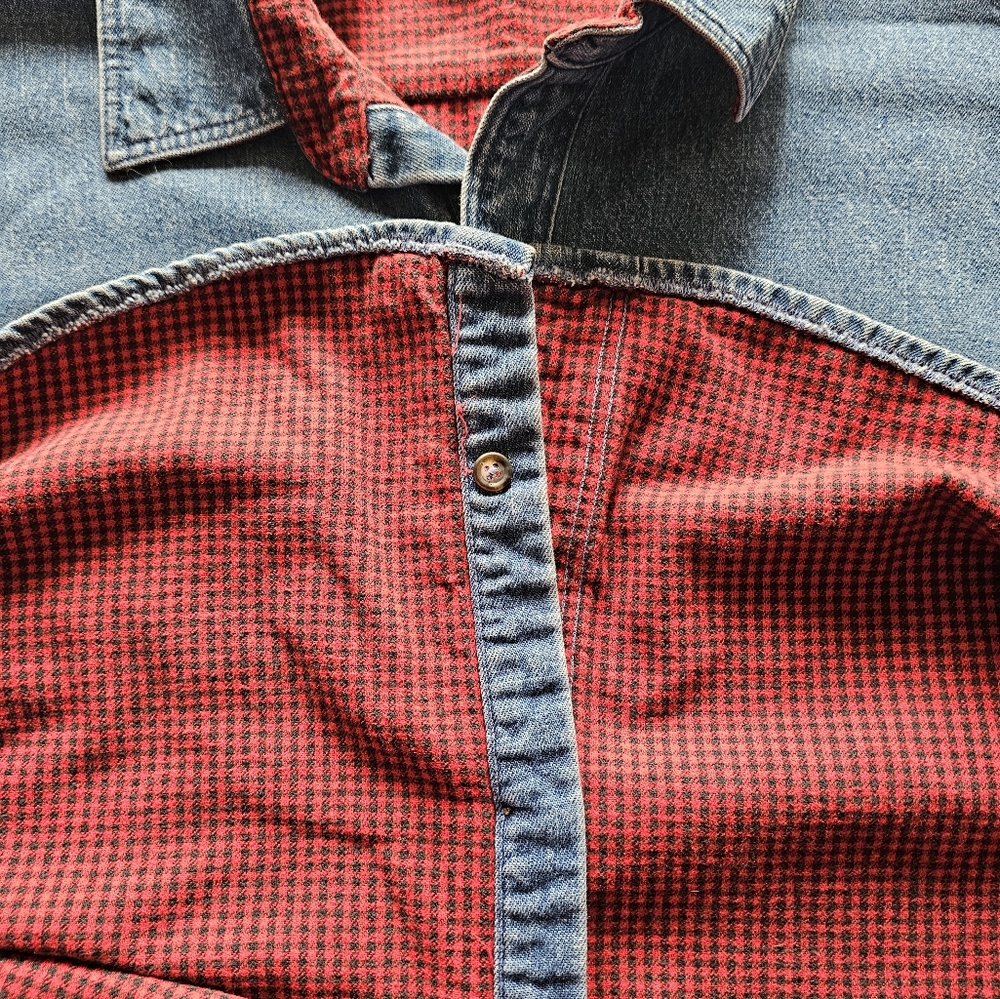 VTG LL Bean Denim Red Check Flannel Lined Shirt Jacket XLT USA Heritage Workwear - Picture 8 of 11